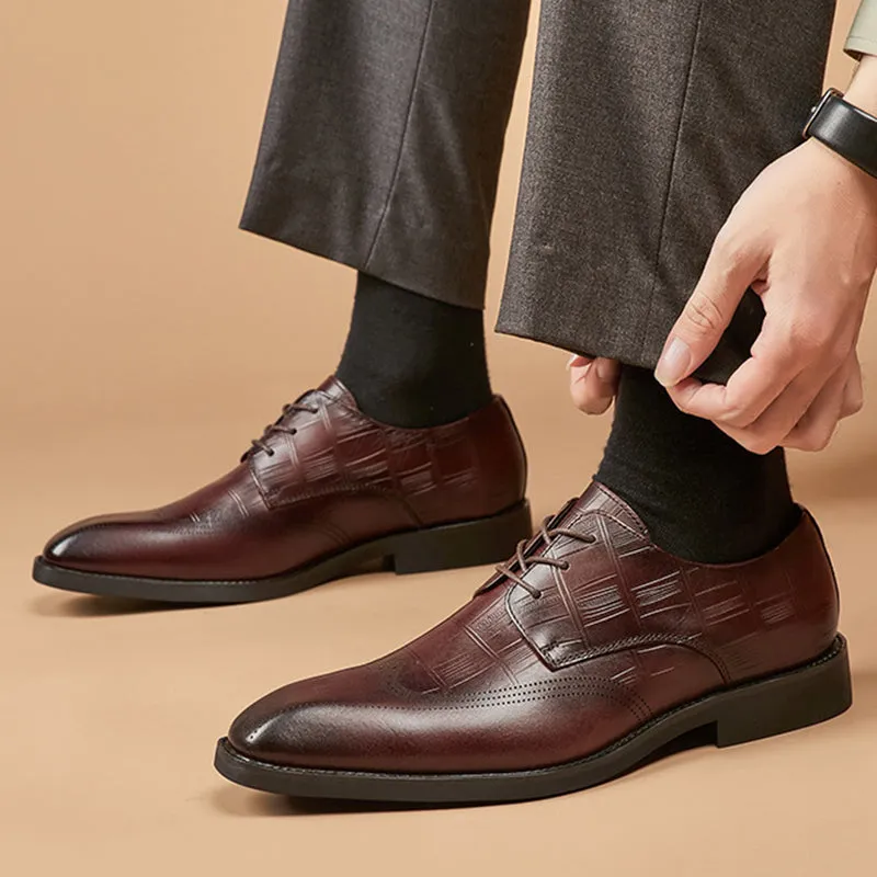 Men grid embossed leather loafers square toe formal loafers